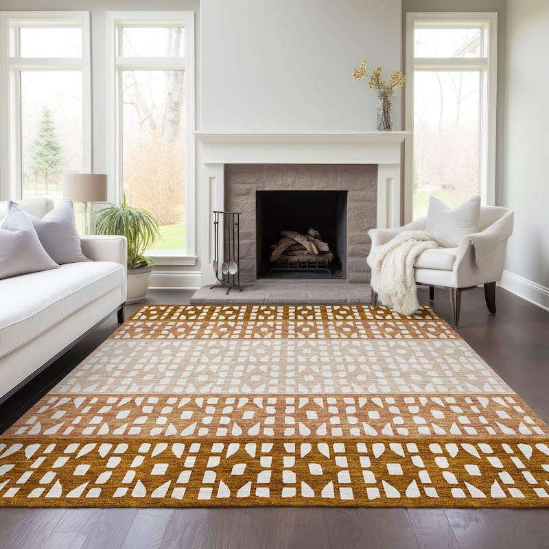 Machine Washable Indoor/ Outdoor Stripe Geo Chantille Rug