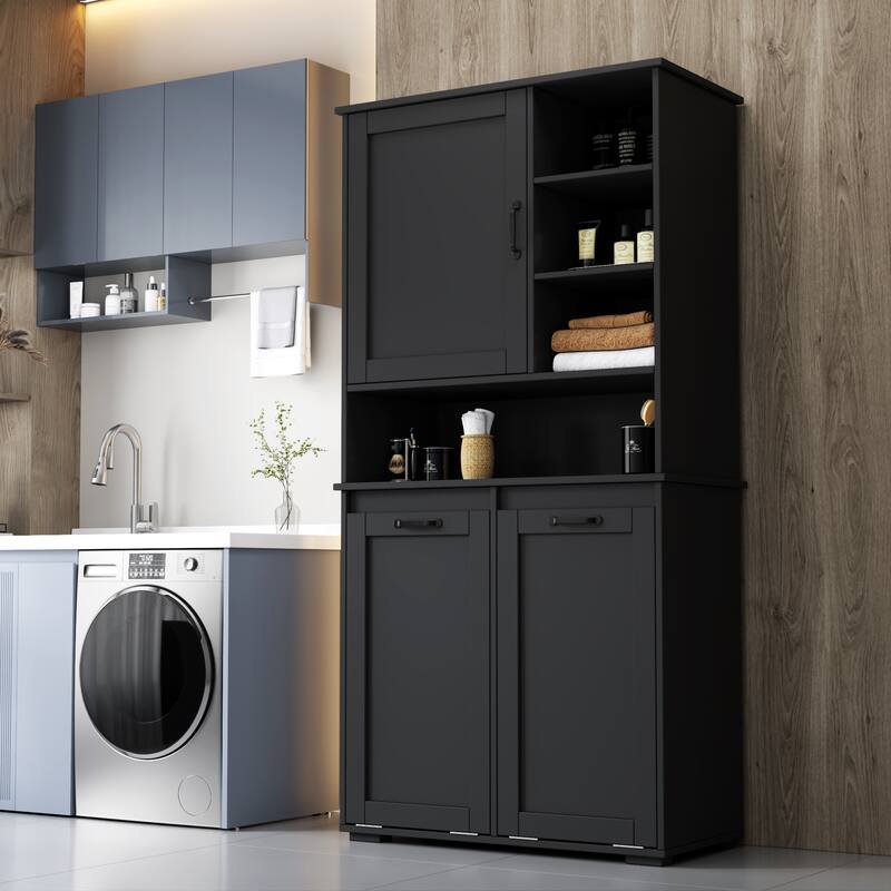 Laundry Cabinet with Doors and shelf, Tilt-Out Laundry Hamper, Multiple Storage Space, Freestanding Style, Open Shelve - Black