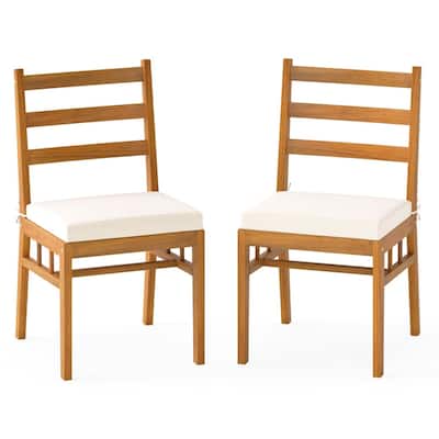 Natural Off-White Acacia Wood Dining Chairs Set of 2 with Cushions Outdoor - 18" x 21.5" x 34"