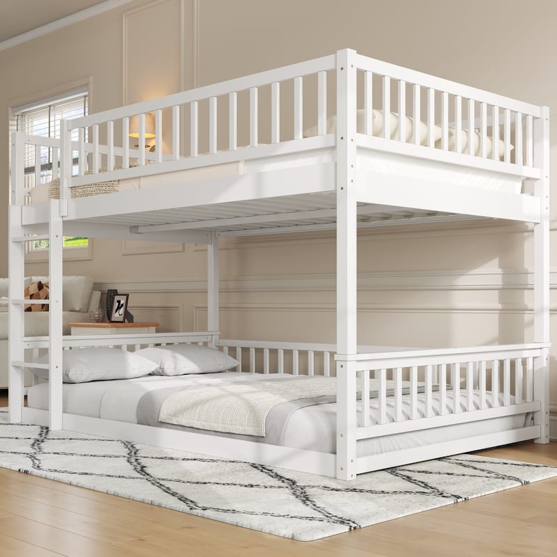 GDFStudio - Solid Wood Queen over Queen Bunk Bed with Ladder & Guardrails - White - Queen