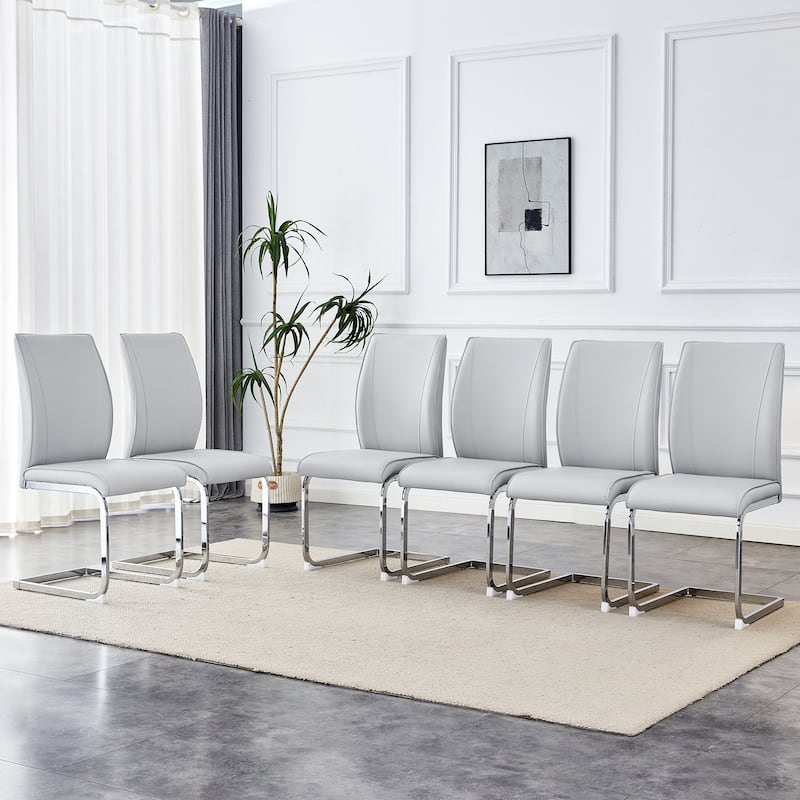 Arched Back Chair Set of 6, Faux Leather Upholstered Dining Chair with Metal Silver Leg, Home Kitchen Chair - Light Gray,Silver