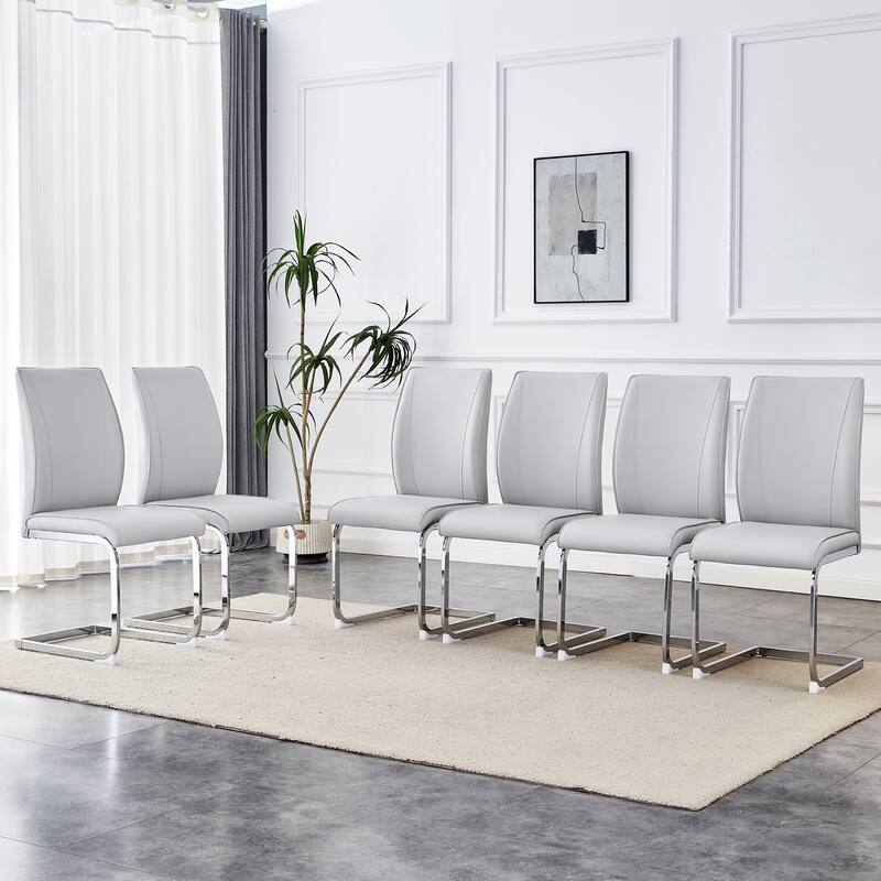 Roomfitters PU Dining Chairs with Arched Silver Metal Legs, High Resilience Upholstered Set of 6 for Dining Room - Light Gray+Silver