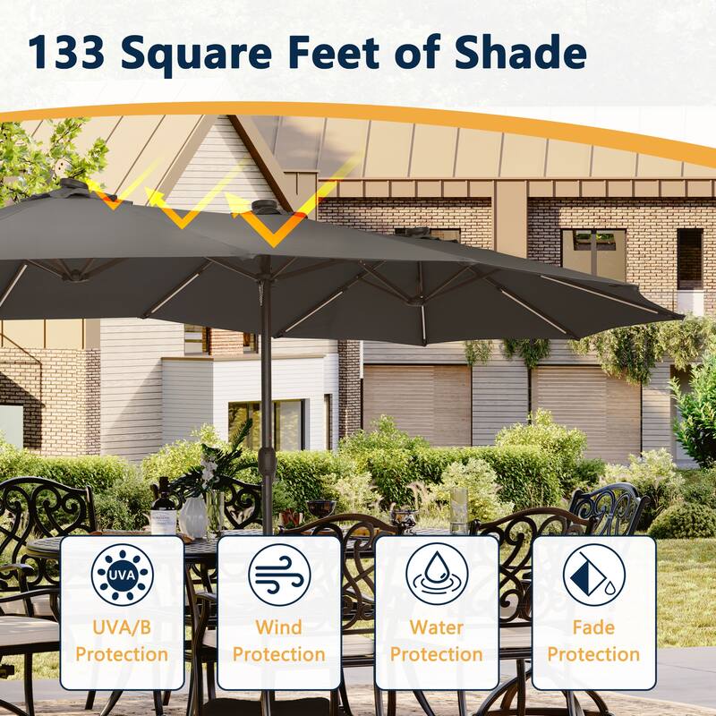 Clihome 15Ft Outdoor Solar Lights Rectangular Crank Market Umbrella, with Base