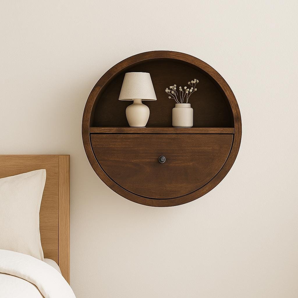 Solid Wood Floating Circle Chestnut Bedside