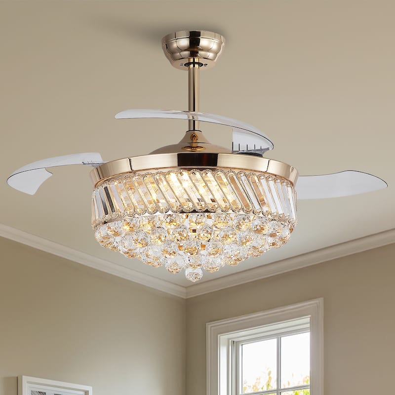 48" Crystal Fandelier Ceiling Fan with Light and Retractable Blades LED Dimmable for Bedroom Living Room - 48 Inches - Gold