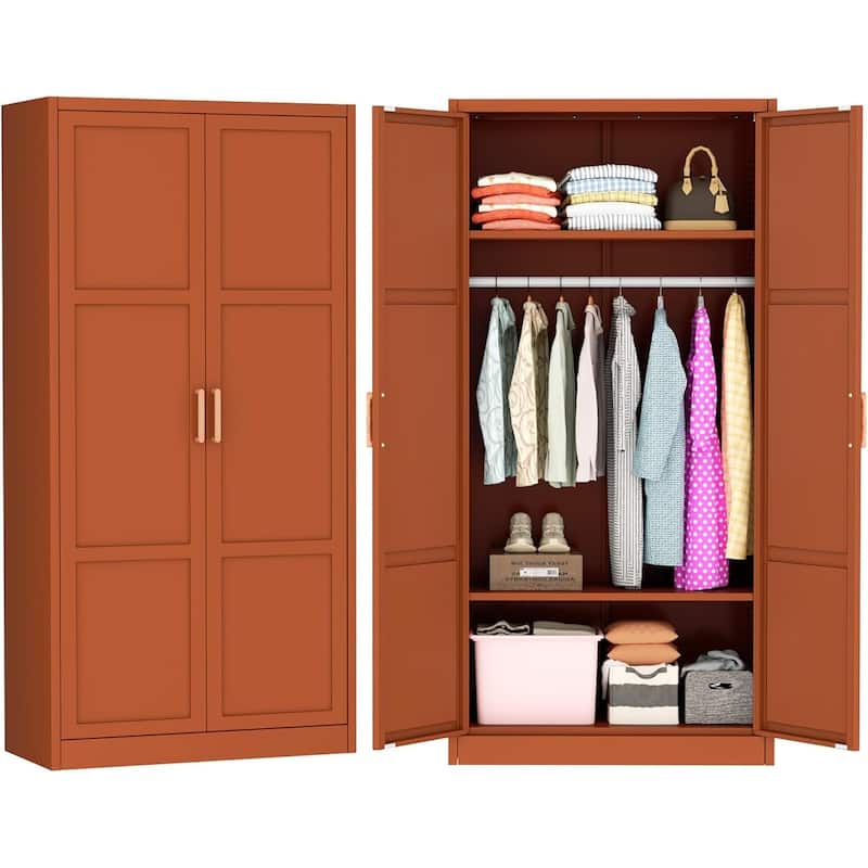 Modern Metal Lockable Wardrobe Armoire Storage Cabinet - Brown