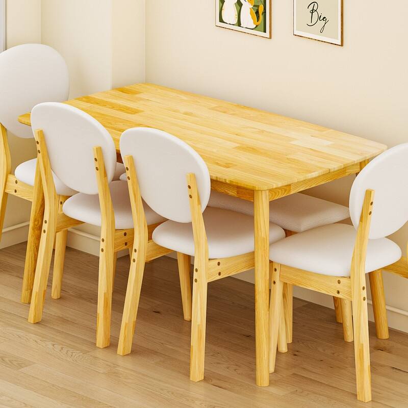 47''Dining Table Set For 6, Solid Wood Kitchen Table With Bench And 4 Chairs With upholstered Backrest