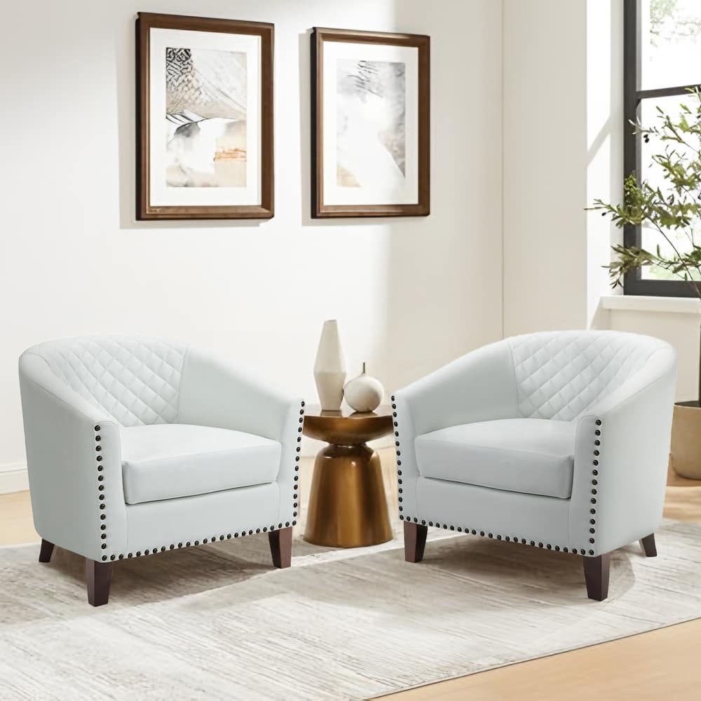 2 Set 29" W Vegan Leather Barrel Accent Chairs with Nailheads Trim