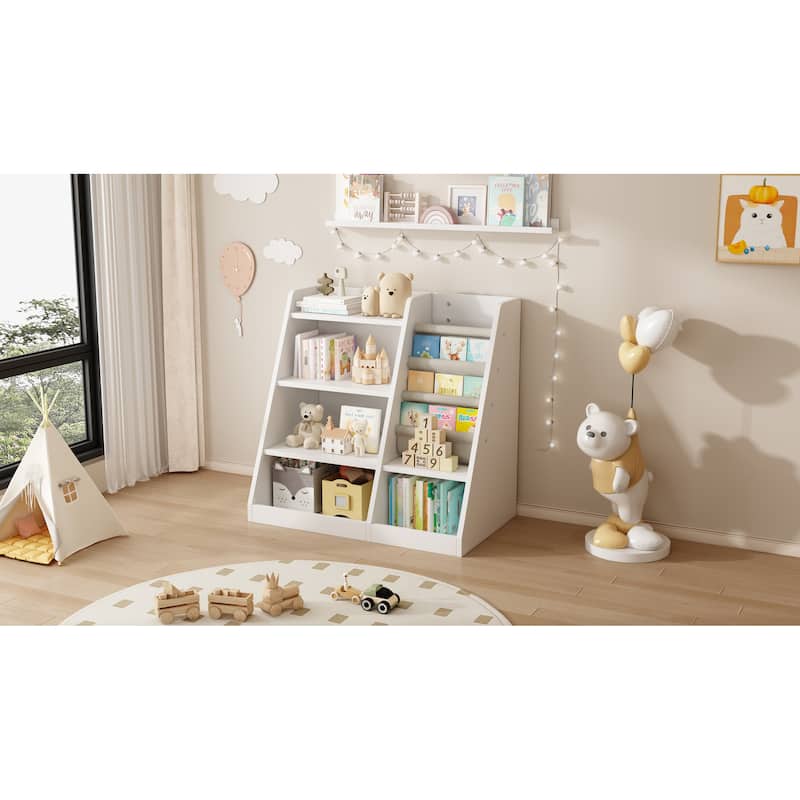Kids Montessori Storage Bookshelf with 4-Tier Sling Pockets Perfect for Bedroom Nursery or Playroom