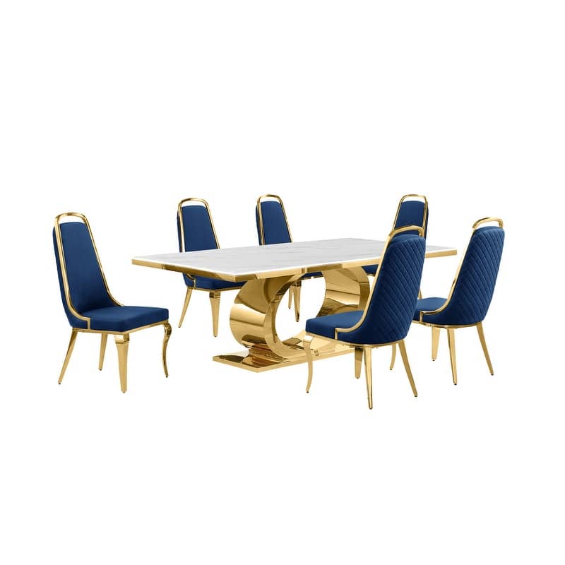 Best Quality Furniture D432/3-SC310-7 Dining Set with 87" White Marble Top