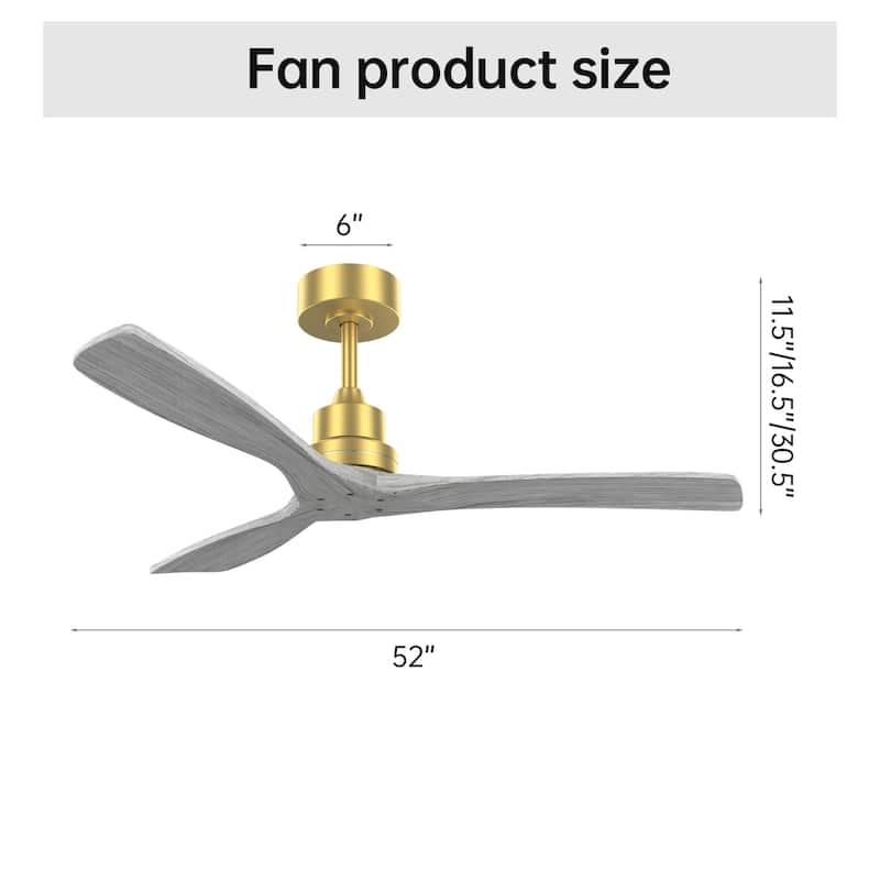 52 Inch Indoor Ceiling Fan Without Light 3 Solid Wood Blades Remote Control Reversible DC Motor