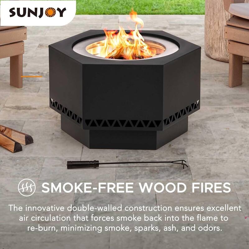 Sunjoy Smokeless Fire Pit, 28 In. Hexagonal Outdoor Fire Pit with PVC Cover and Fire Poker - 28in.
