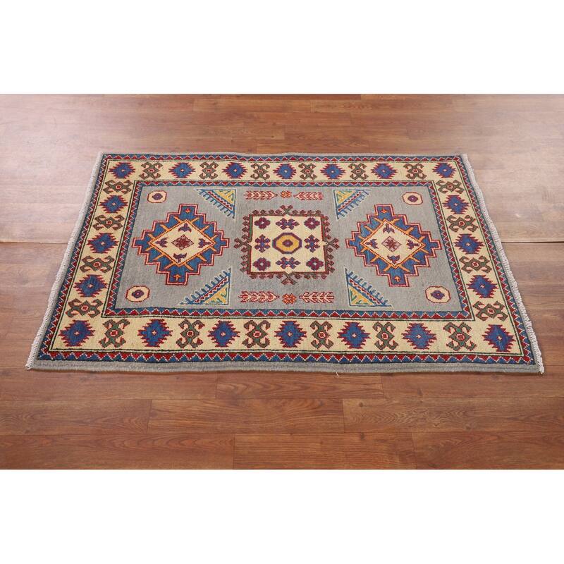 Gray Geometric Kazak Rug Handmade Foyer Wool Carpet - 2'9" x 4'1"