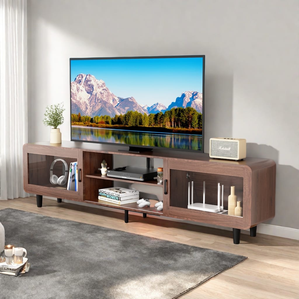 65" Mid-Century TV Stand with Glass Doors and Charging Station - Child-Safe Rounded Edges, 4-Port Power Hub