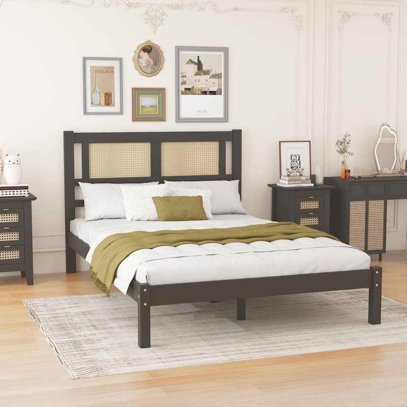 Platform bed with natural rattan headboard
