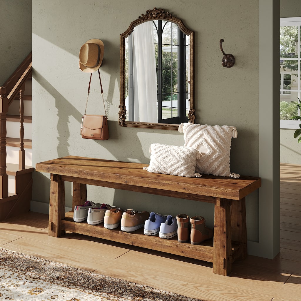 55" Solid Wood Entryway Bench with Shoe Storage