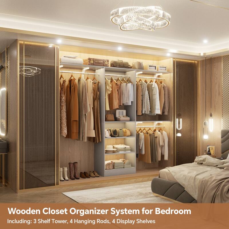 96'' W Walk-in Closet System with 4 Hanging Rods and 3 Shelving Towers, Sturdy Closet Organizer with Storage Shelves