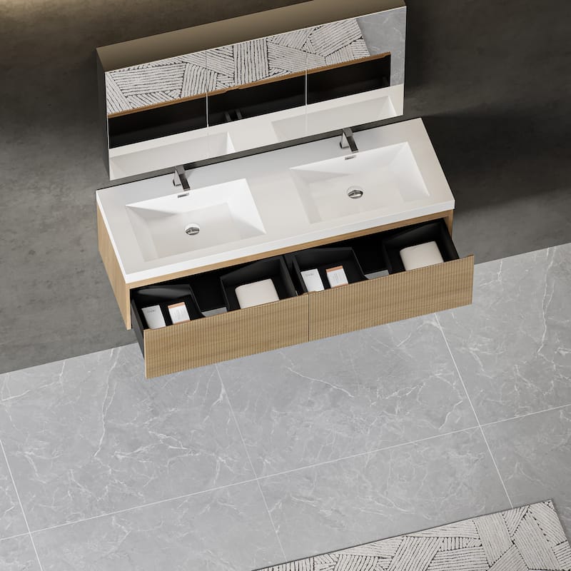 GDFStudio - Emerson 60-Inch Floating Double Bathroom Vanity with Solid Surface Basins and Fluted Storage Drawers