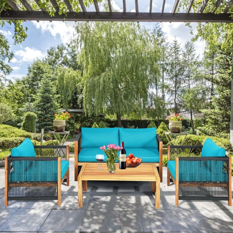 4 Pcs Acacia Wood Outdoor Patio Furniture Set with Cushions - 52" x 26" x 25" (L x W x H)