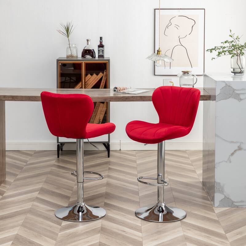 Velvet Upholstered Adjustable Swivel Barstools Set of 2 w/Footrest, Metal Pedestal for Bar, Kitchen Island, Dining Room, Brown - Red