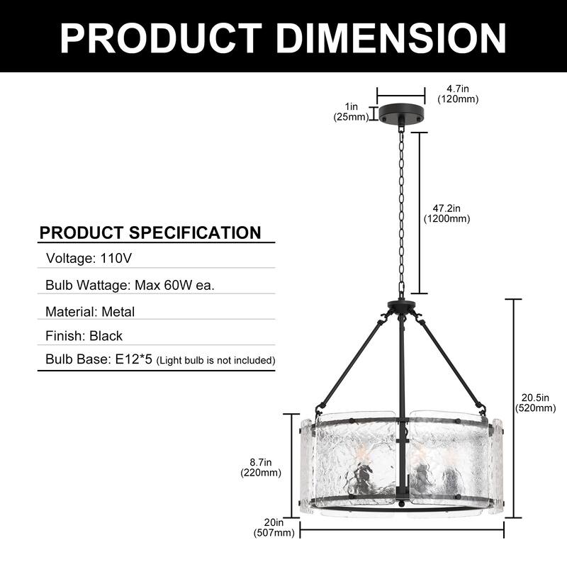 YANSUN 5-Light Branch Chandelier, E12 Base, Curved Glass Shades, No Bulbs - Black