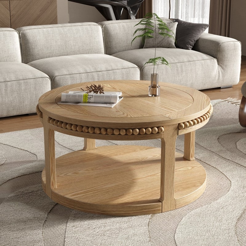 Round Solid Wood Coffee Table, Two-Tier Design with Sturdy Construction for Living Room Elegance
