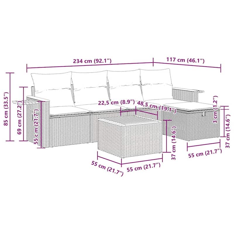vidaXL Patio Sofa Set with Cushions Outdoor Conversation Furniture Poly Rattan - 21.7" x 24.4" x 27.2"