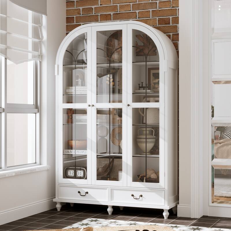 Glass Door Display Cabinet with Storage DrawersBookcase with Wooden Legs