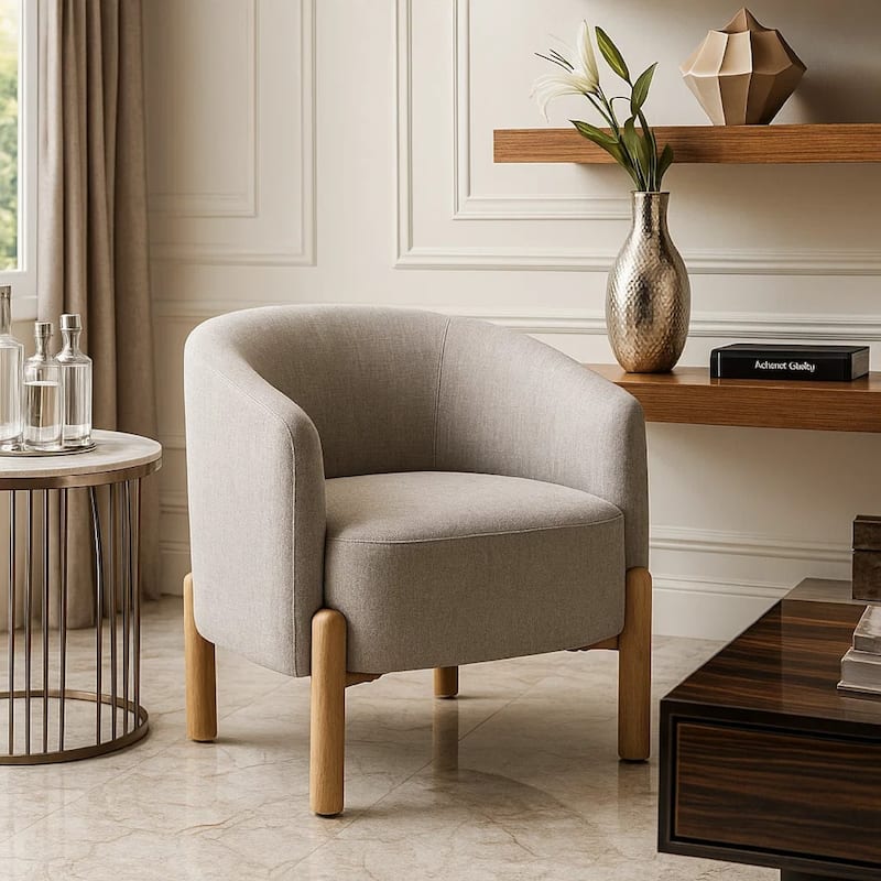Diya Barrel Style Accent Chair, Taupe Gray Polyester, Brown Wood Legs