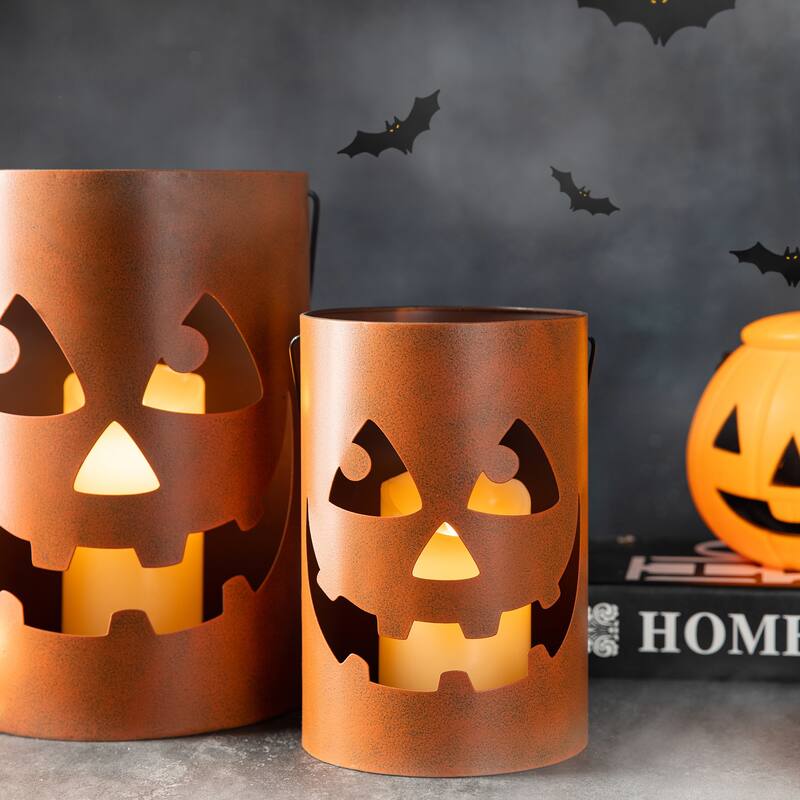 Glitzhome Set of 2 Hollow Out Metal Bucket Lanterns Candle Holder for Fall Halloween Thanksgiving
