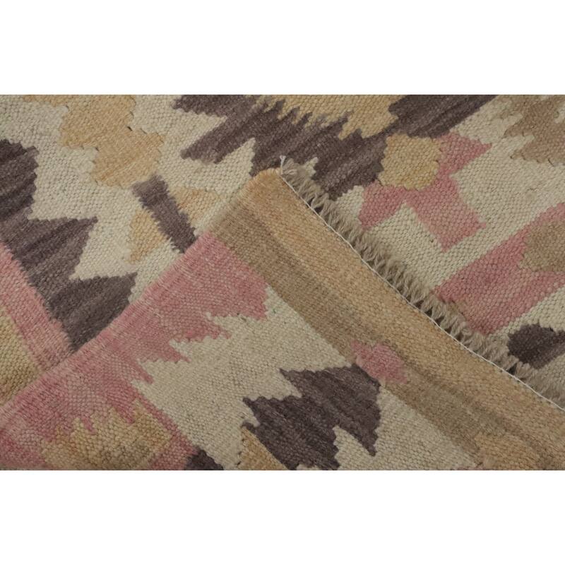 Hand Woven Oriental 100% Wool Carpet Southwestern Tribal Beige & Ivories Kilim Runner Rug - 12' 10'' X 2' 7''