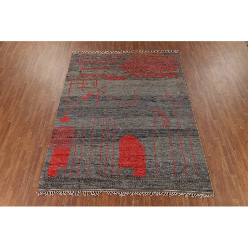 Moroccan Oriental Area Rug Hand-Knotted Grey Wool Carpet - 8'0" x 10'7"