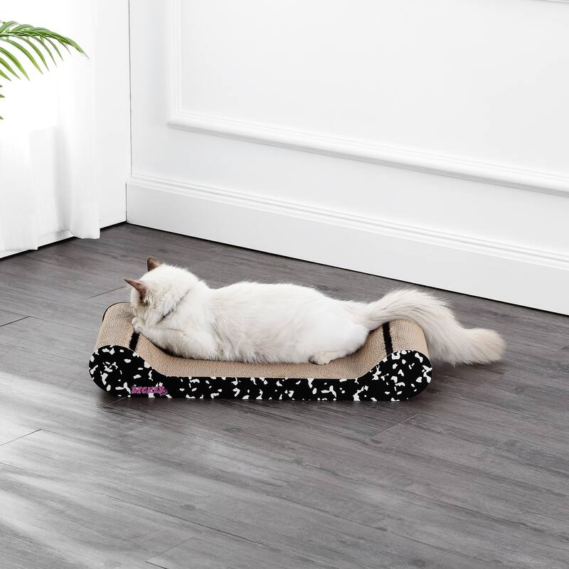Rini 23.75" Modern Cardboard Lounge Bed Cat Scratcher with Built-In Bell Toys and Catnip, Black/White
