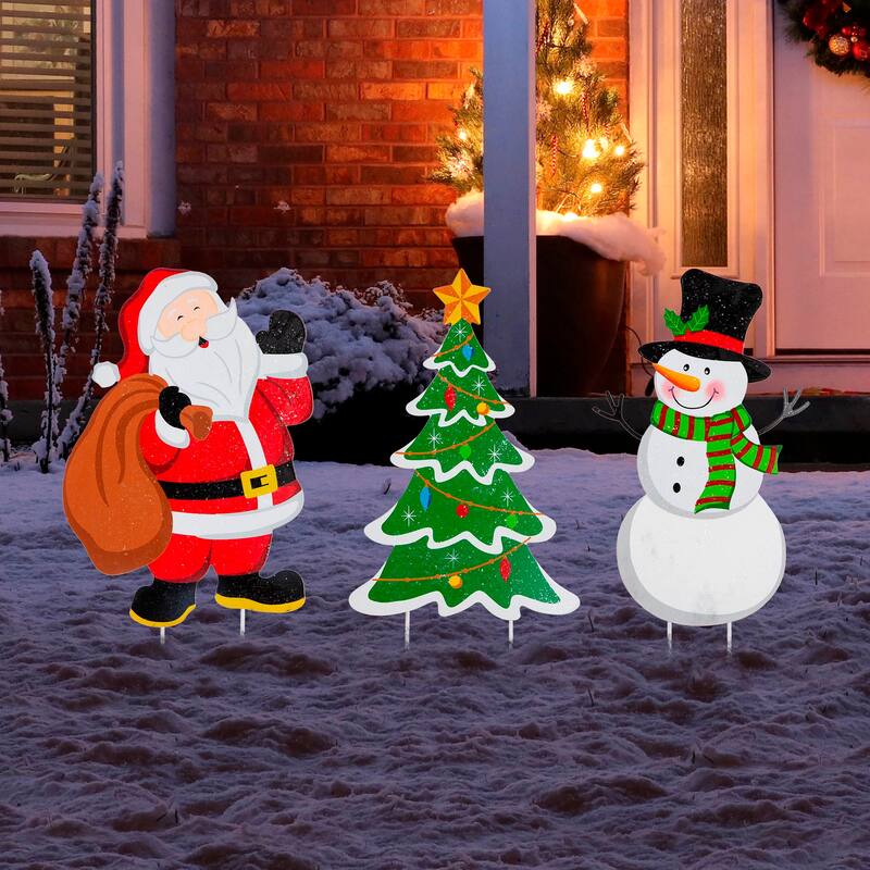 Glitzhome Set of 3 Metal Santa/Snowman/Tree Yard Stake or Wall Decor