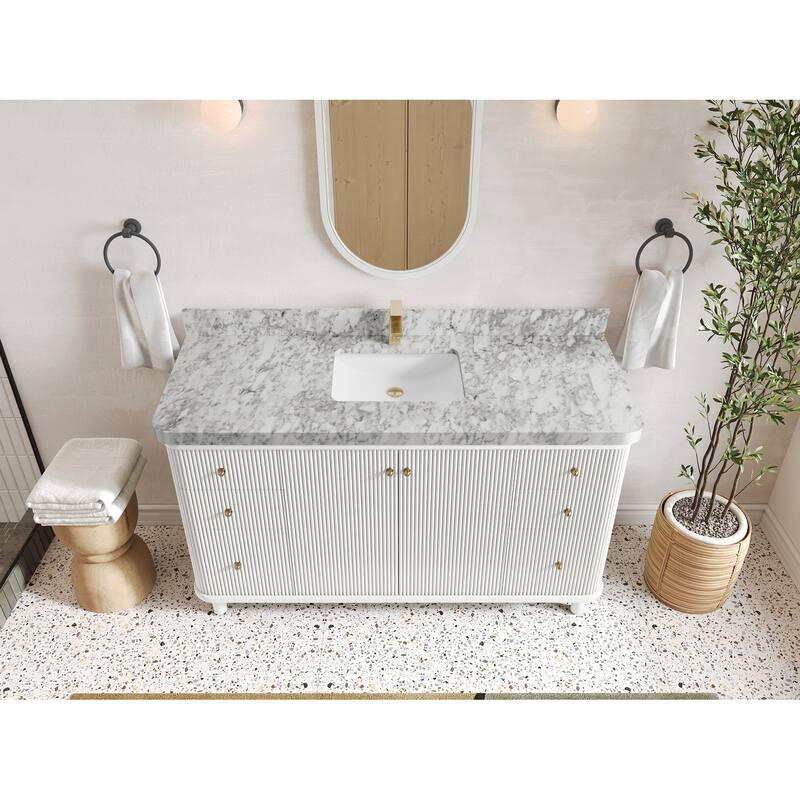 Willow Collections 60 in. W x 22 in. D Reeded Miami Single Bowl Sink Bathroom Vanity with Countertop - 2”Carrara Marble - White