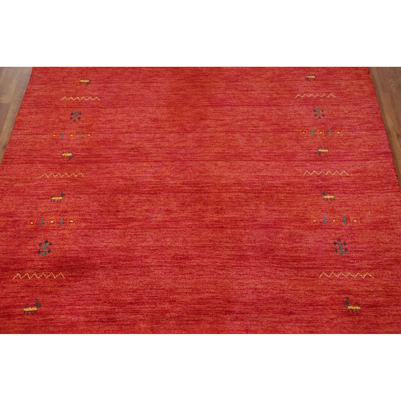 Hand Knotted Oriental 100% Wool Carpet Tribal Animal Pictorial Oranges & Rust Gabbeh Area Rug - 7' 8'' X 5' 5''