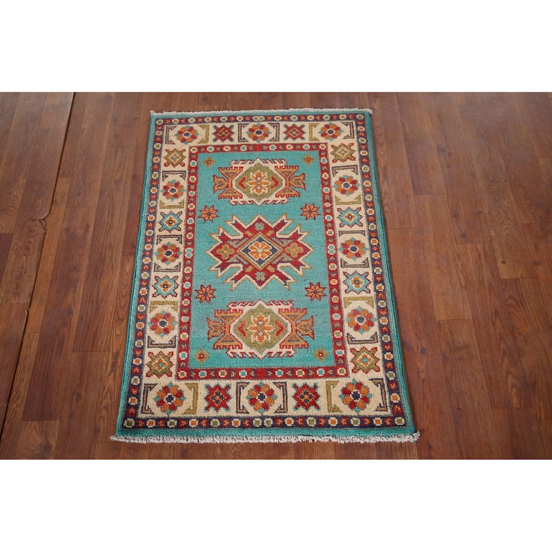 Turquoise Kazak Foyer Rug Hand-Knotted Wool Carpet - 2'0" x 3'0"