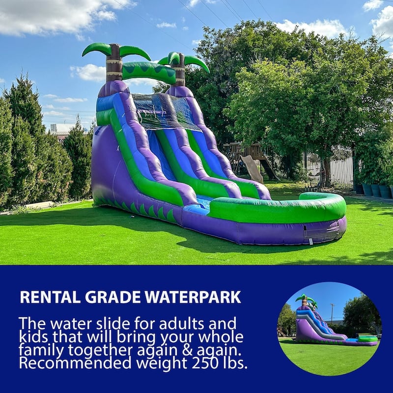 HeroKiddo 16' Purple Tropical Inflatable Kids Water Slide with Attached Pool (No Blower Included), Commercial Grade, Wet Dry Use