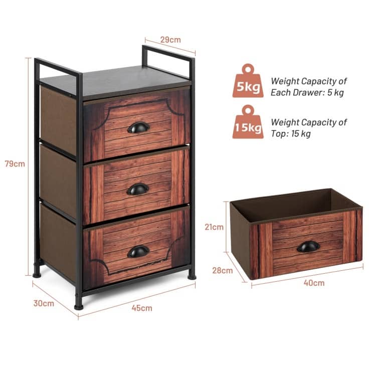 Dark Brown Fabric 4-Drawer Storage Tower with Metal Frame MDF Top and Adjustable Feet for Bedroom Closet or Office