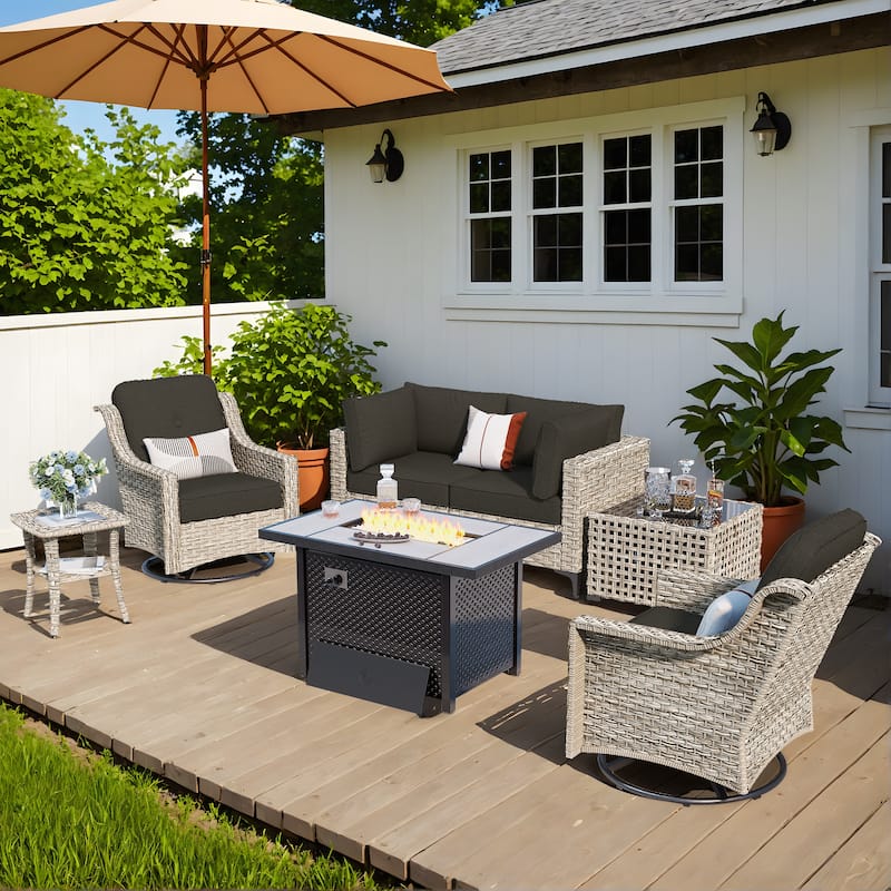 OVIOS 7 Pieces Outdoor Wicker Furniture Set With Solar-Powered Coffee Table&Fire Pit - Black