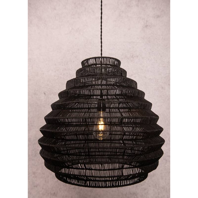 Modern Rattan Wicker Large Black Boho Pendant Light - 19" Wide