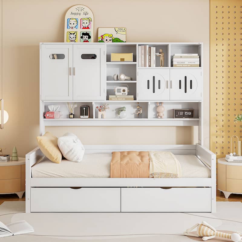 Twin Size Wooden Daybed with 2 Drawers, All-in-One Cabinet and Shelf for Bedroom