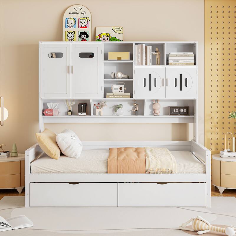 Wooden Daybed with 2 Drawers, All-in-One Cabinet and Shelf for Bedroom