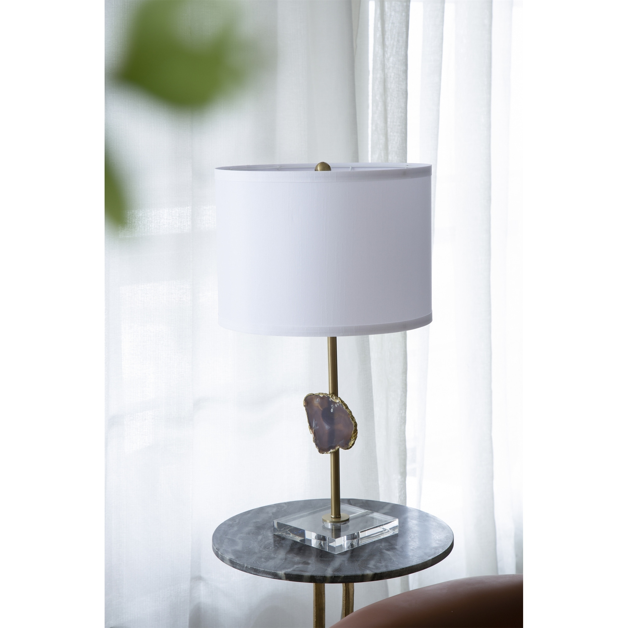 D14x25.2" Gold Table Lamp with Agate Slice and White Drum Shade