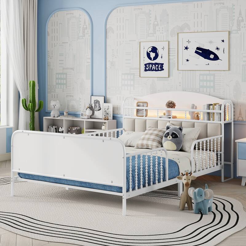Kids Platform Bed Metal Frame with Linen Fabric Upholstered Storage Headboard Built-in Light Strip, Both Sides Rails