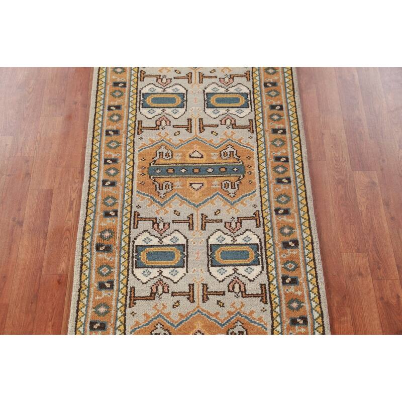 Hand Knotted Oriental 100% Wool Carpet Traditional Geometric Greys & Charcoal Heriz (serapi) Runner Rug - 8' 0'' X 2' 7''