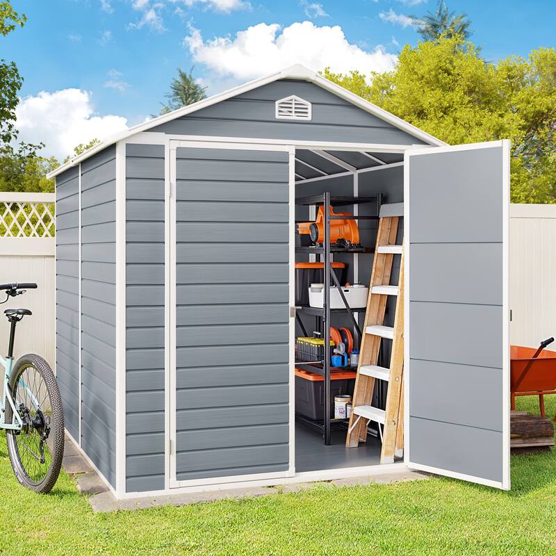 5x3 / 6x4 / 8x6 FT Outdoor Storage Shed with Floor, Resin Garden Tool Shed with Lockable Doors, Waterproof Plastic Storage Sheds