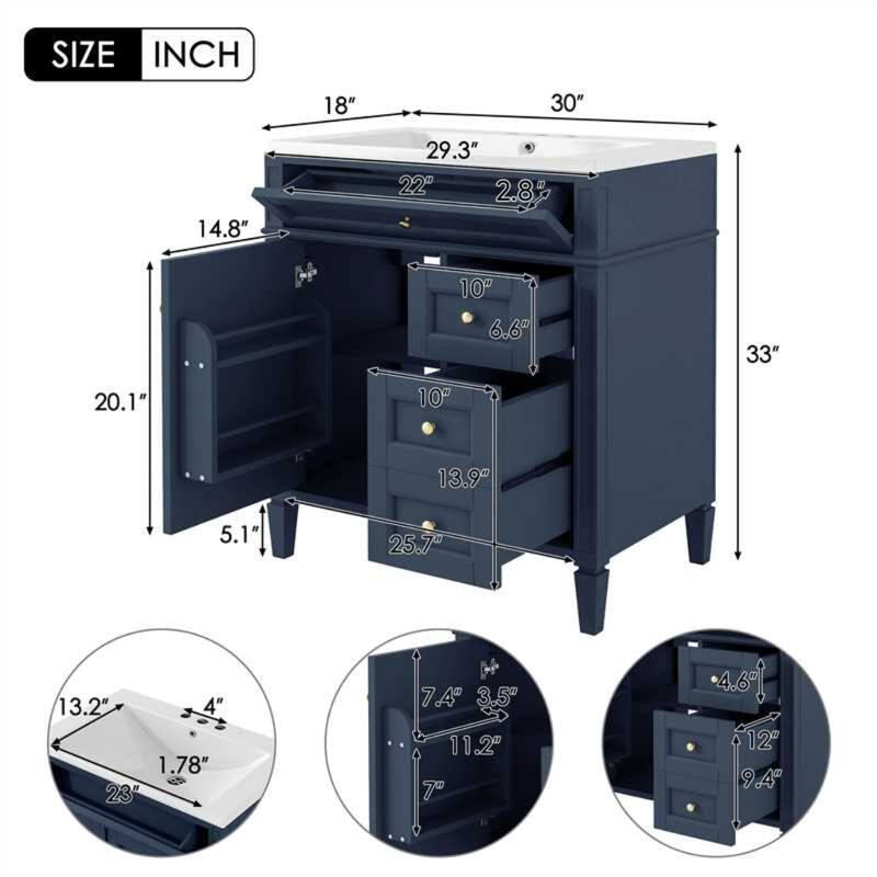 30" Bathroom Vanity with Sink, Modern Single-Sink Cabinet with 2 Drawers, Tip-Out Drawer & Storage Shelves