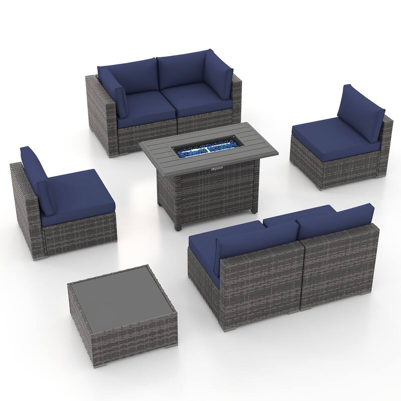 Outdoor 8 Pieces Sectional Wicker Sofa Set with Fire Pit