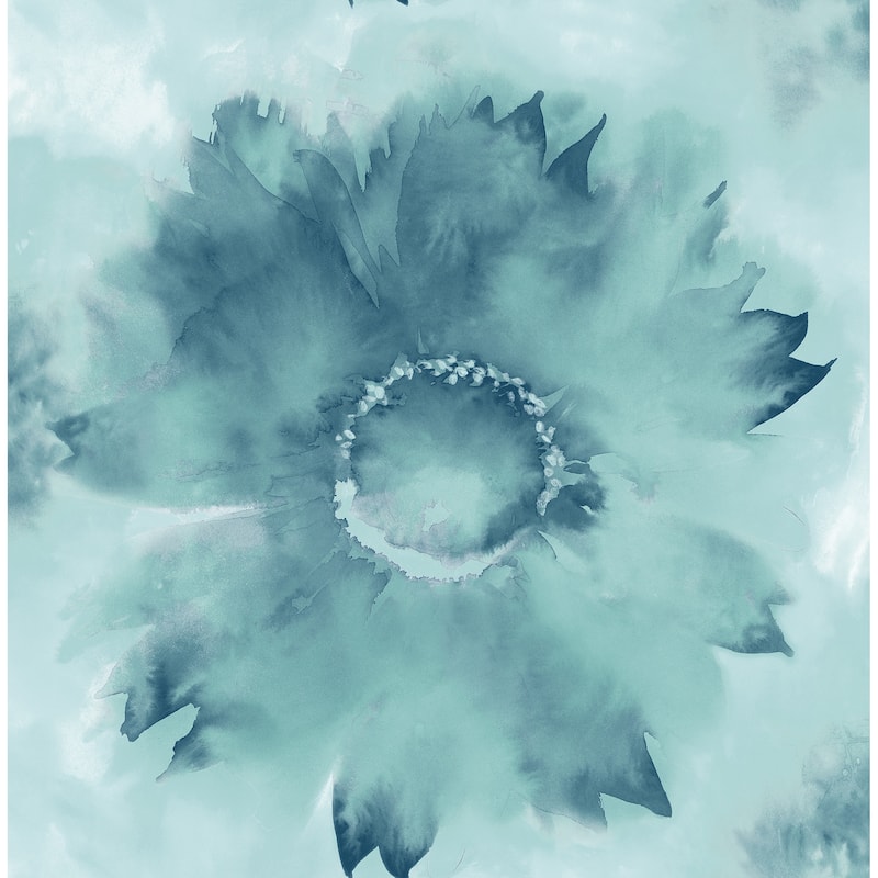 Seabrook Designs Watercolor Sunflower Unpasted Wallpaper - 20.5 in. W x 33 ft. L - Metallic Teal & Ice Blue